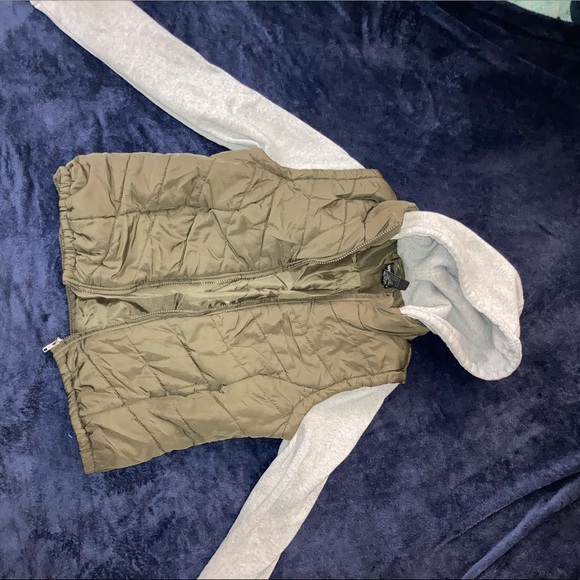 Wet seal hoodie styled with a “vest” detail, olive green and grey, size medium - Picture 2 of 4